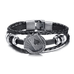 Vnox Lucky Vintage Men's Leather Bracelet Playing Cards Raja Vegas Charm Multilayer Braided Women Pulseira Masculina 7.87